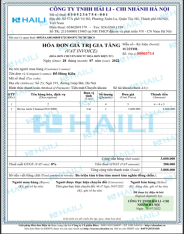 Hóa đơn VAT của công ty Hải Li. 